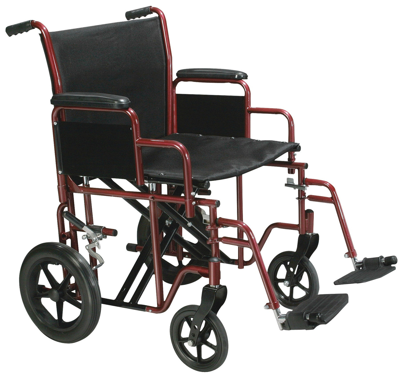 Red heavy-duty transport wheelchair with swing-away footrests and armrests