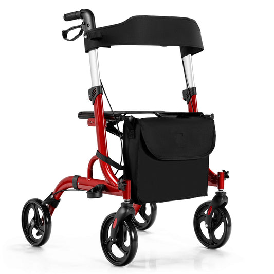 Red and black walker with a bag on a white background