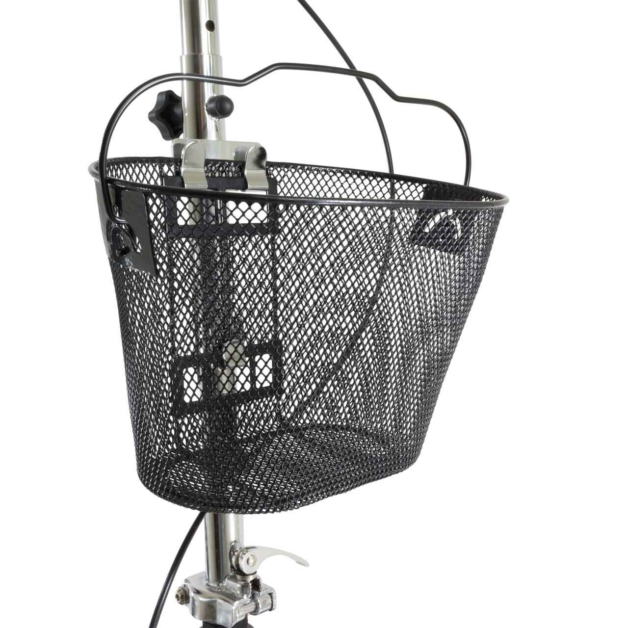 Front basket detail on knee scooter with mesh basket and handlebar post
