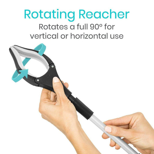 Rotating reacher tool with rotating jaw, used to pick up items at a distance