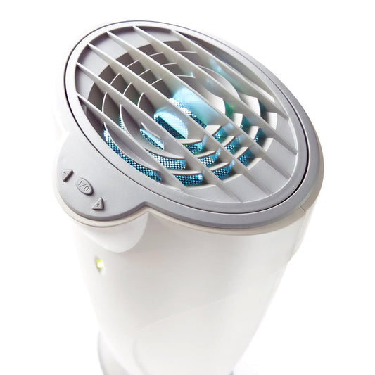White air purifier tower with open top vent and glowing blue UV lights