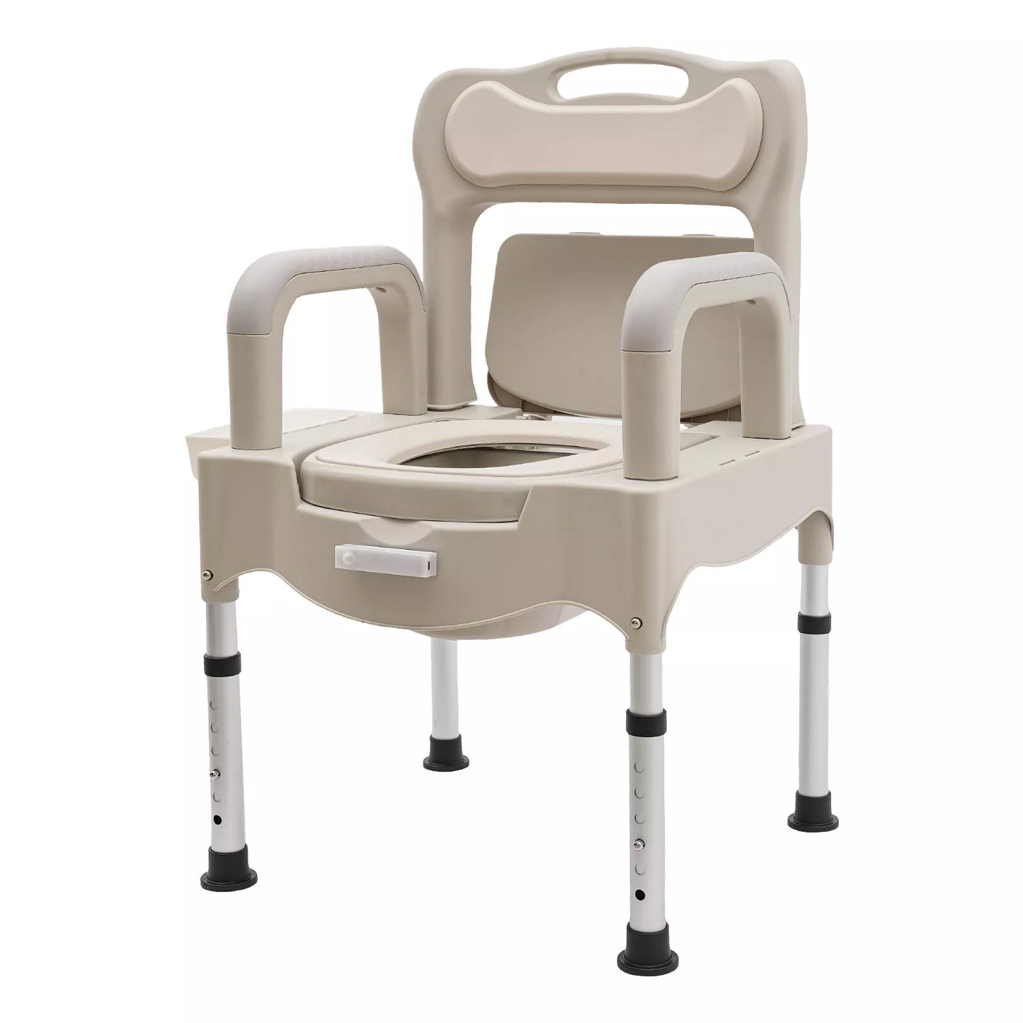 Khaki adult bedside commode chair with armrests, commode pan, and sturdy legs