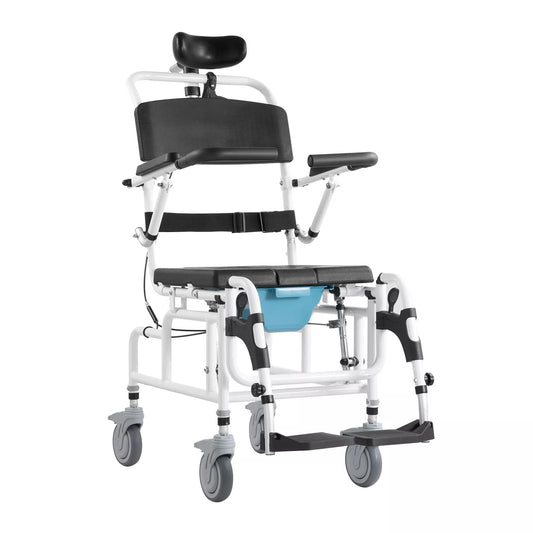 Front view shower commode wheelchair with black backrest, armrests, seat, and footrest rails