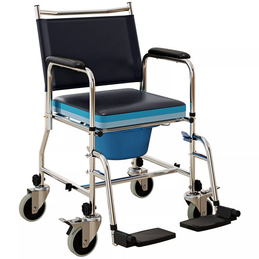 Shower commode wheelchair with black padded seat and backrest, blue basin, and fold-out footrests