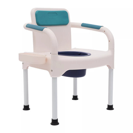 Bedside commode chair front view, white frame with teal handles and built-in toilet bowl