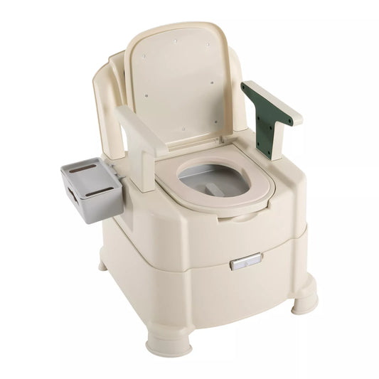 White bedside commode chair with backrest, flip-up footrest, and removable side bucket