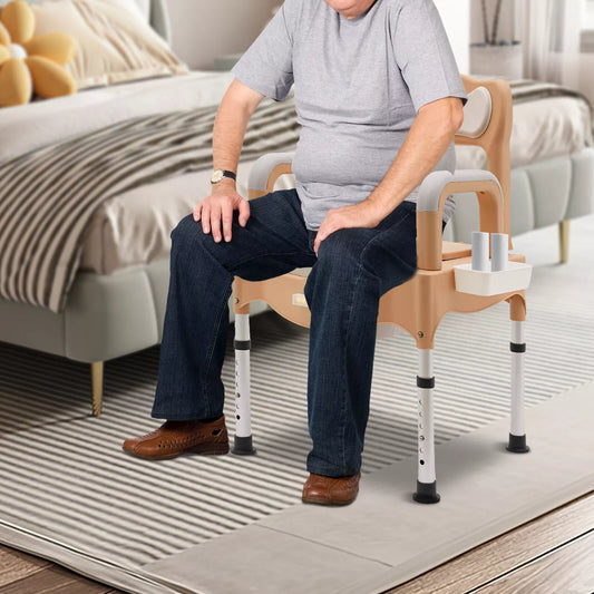 Adult bedside commode chair in khaki color with armrests and raised seat for use