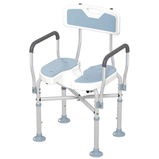 Shower chair with light blue seat pads, curved armrests, and white back support tray