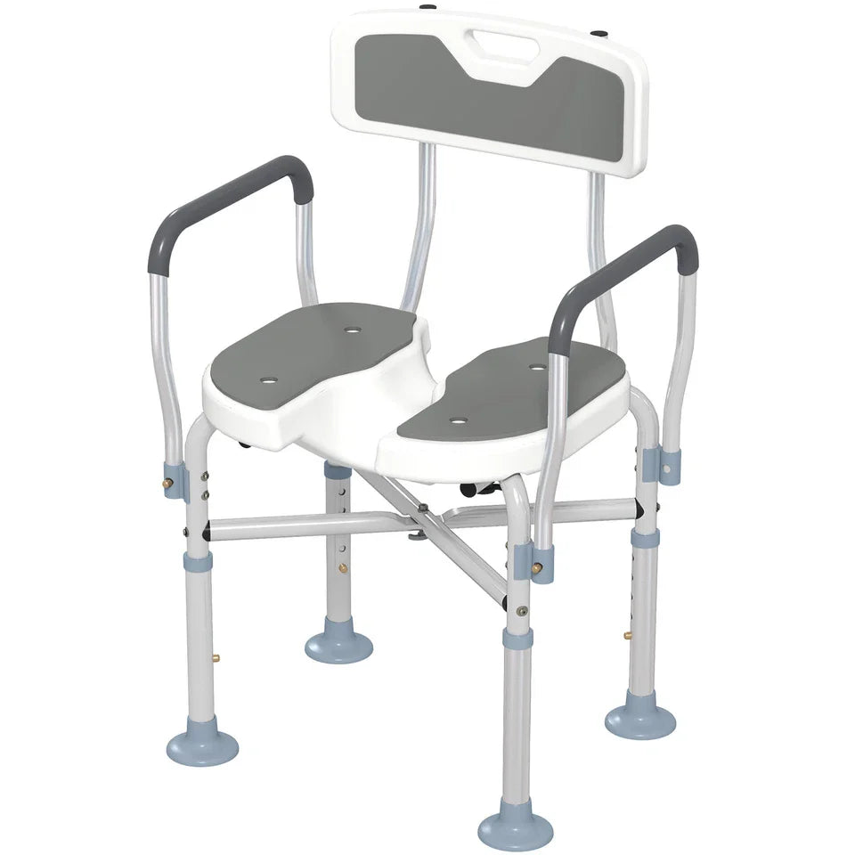 Elderly shower chair with grey seat pads, white frame, and curved armrests