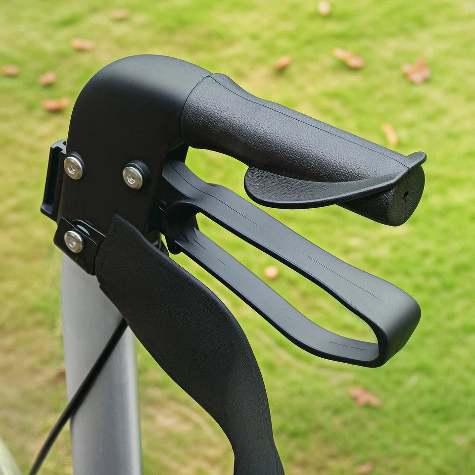 Black padded hand grips on rollator walker wheelchair armrest supports