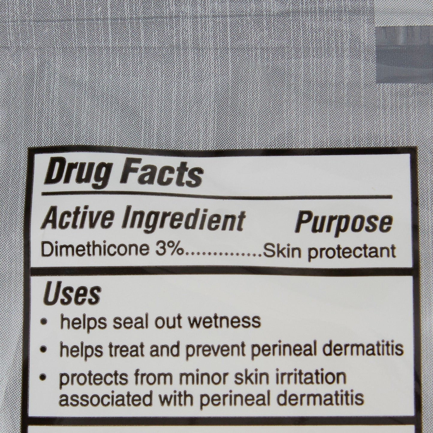 Drug Facts close-up: dimethicone 3% skin protectant for barrier cream cloths