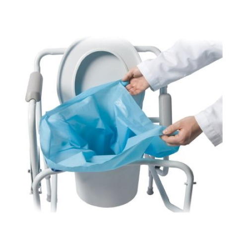 Blue commode liner bag being fitted over a commode pan