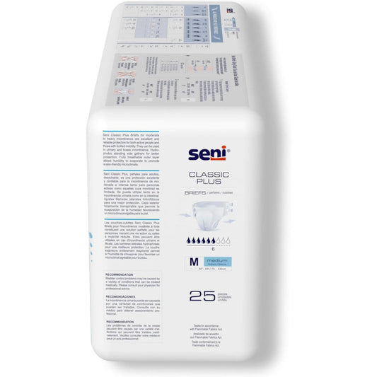 Seni Classic Plus adult briefs, back of M (30–43) 25-pack with care info