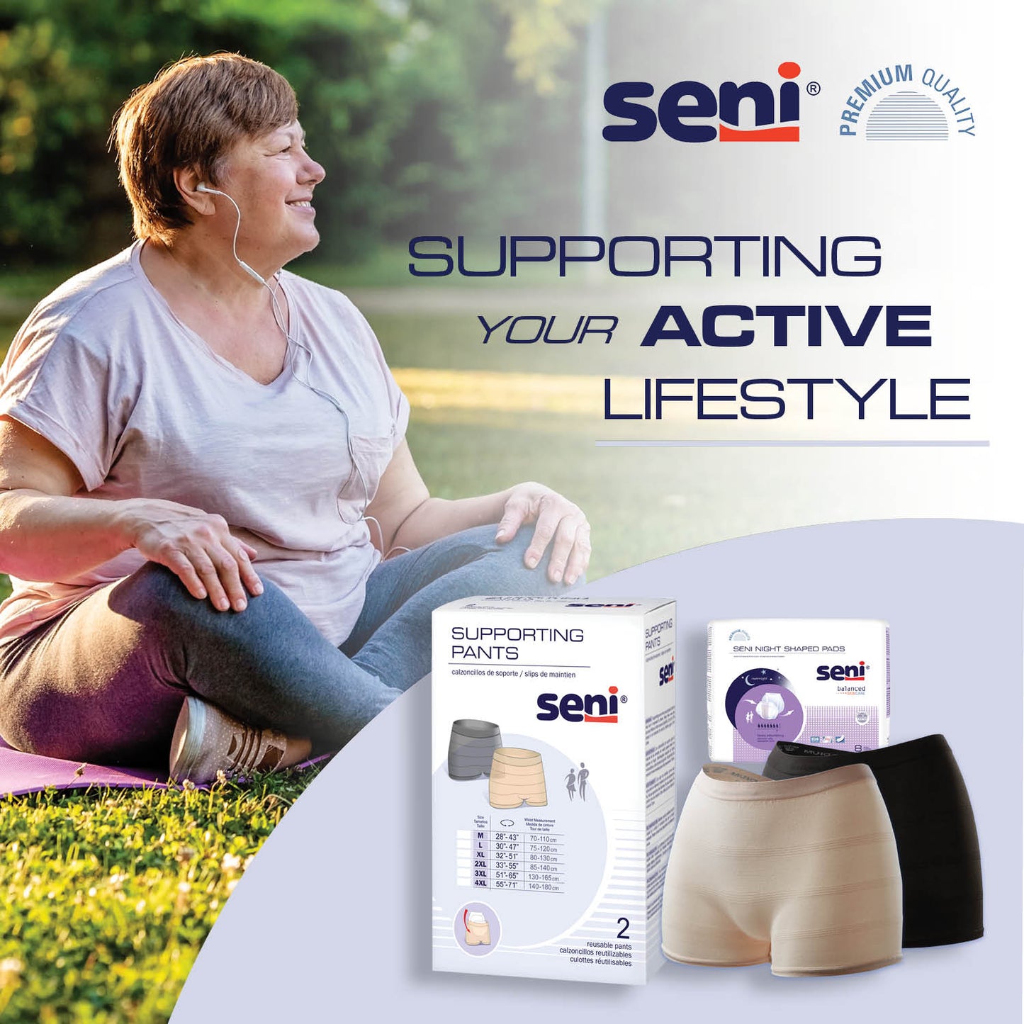 Supporting pants 2-pack with beige and black briefs shown on packaging