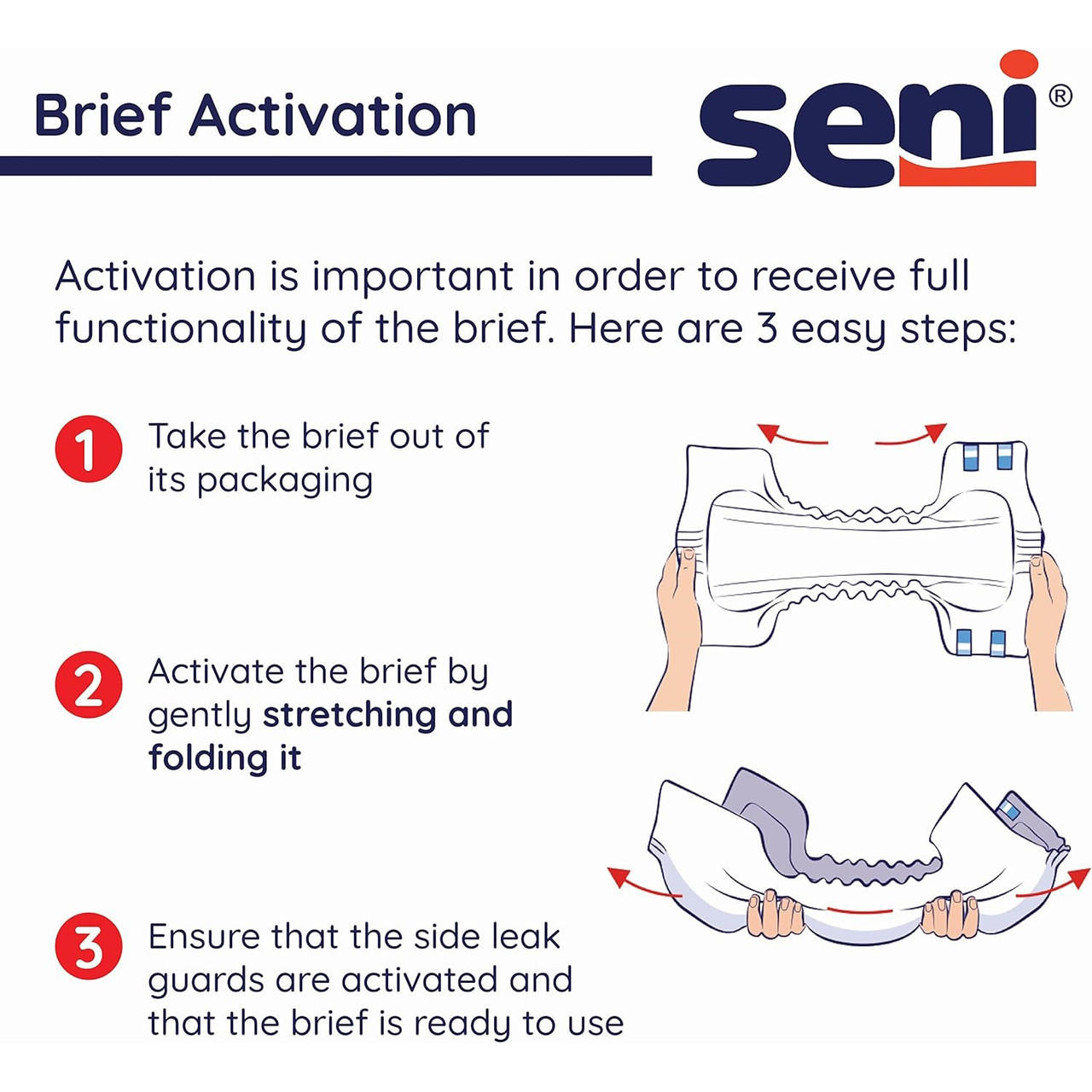 Brief activation guide for Seni briefs: remove from packaging, activate side guards