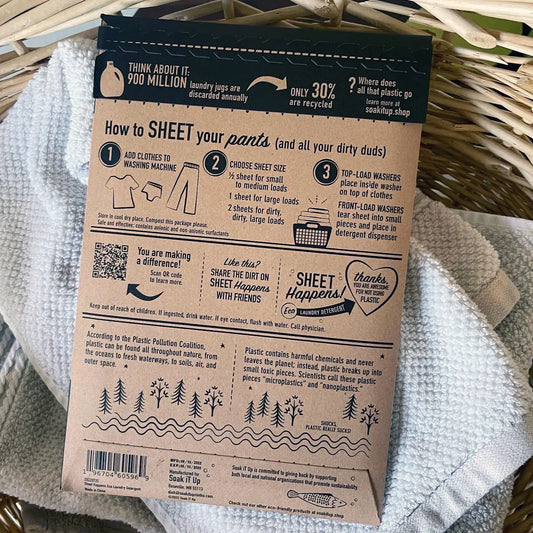 Laundry detergent sheet pouch back panel with instructions and recycling information