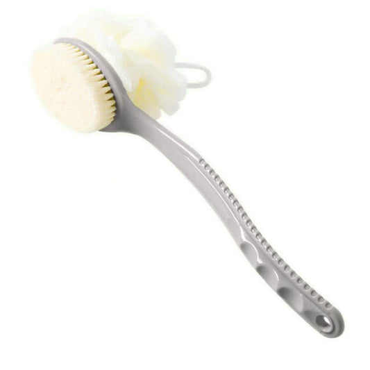 Metal scrubbing brush with a white handle on a white background