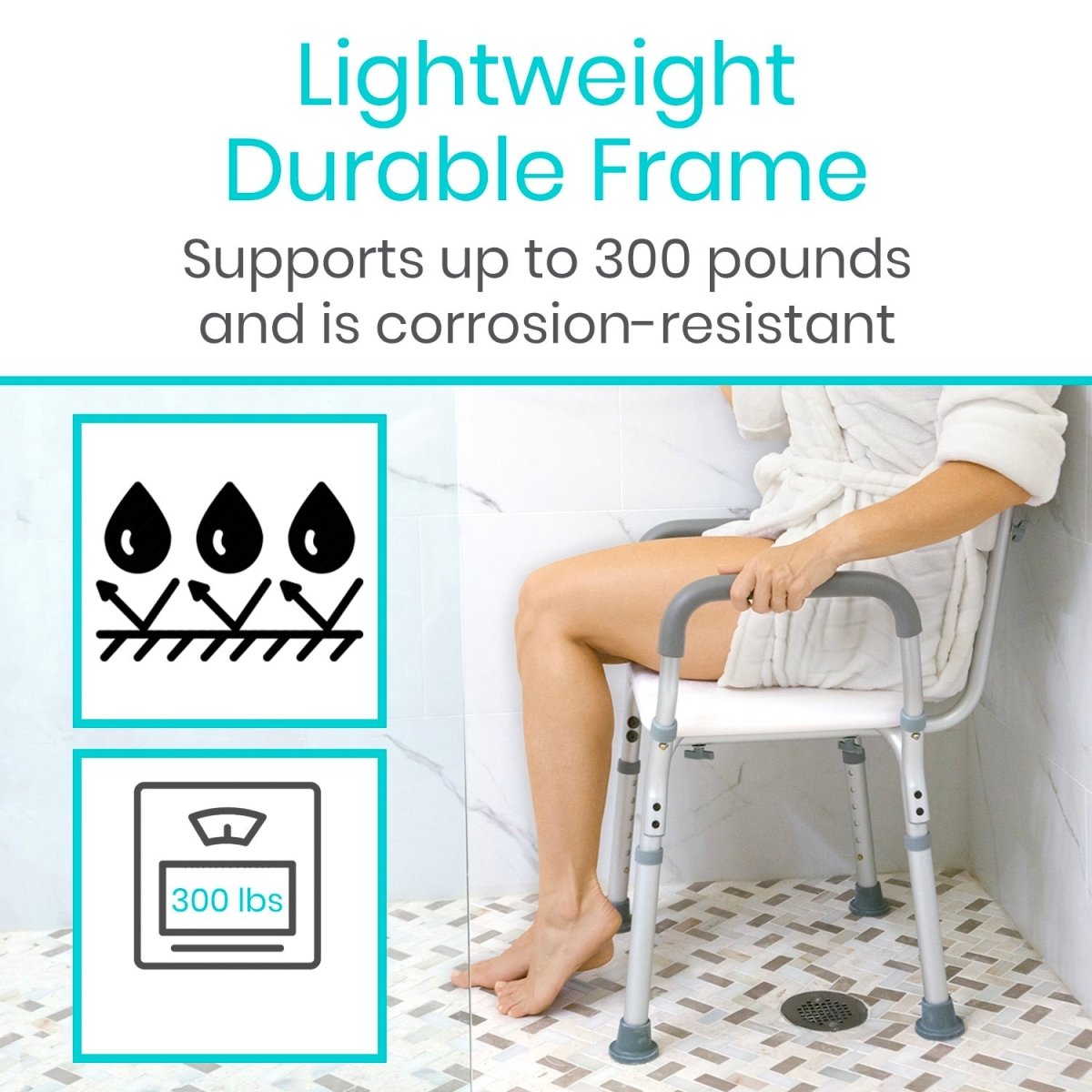 Shower chair with back and arms, corrosion-resistant frame supports up to 300 lb