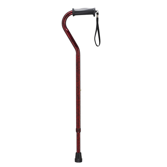 Single-point cane with red patterned shaft, black grip, wrist strap, and rubber tip