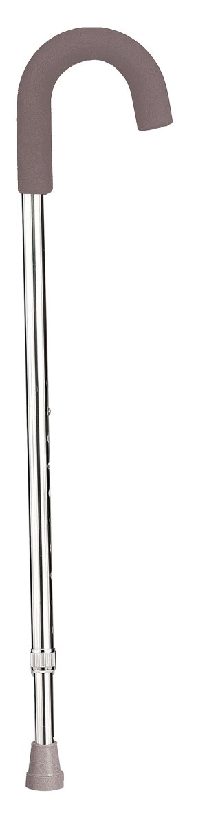 Single-point cane close-up: gray curved grip, silver shaft, and gray rubber tip
