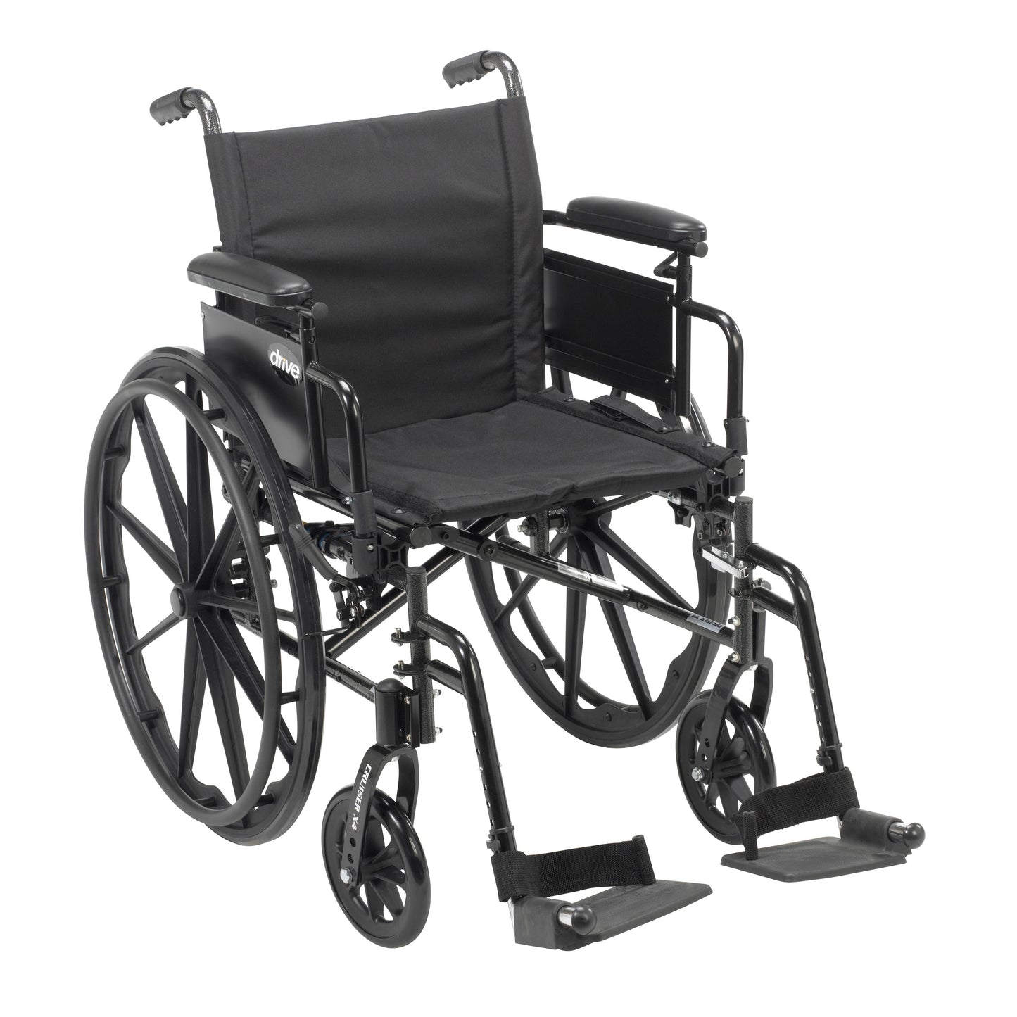 Black lightweight wheelchair with desk-style arms and swing-away footrests