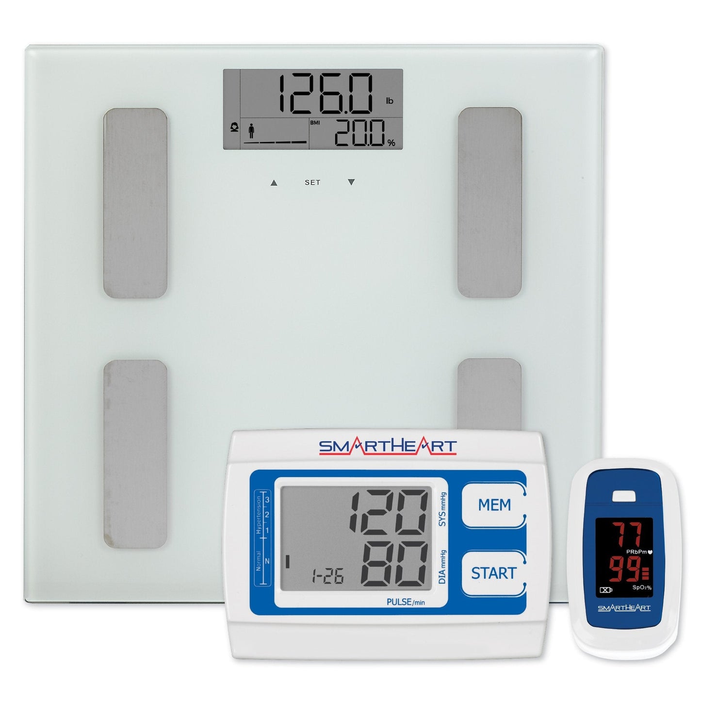 SmartHeart total body analyzer scale with LCD display and fingertip pulse oximeter