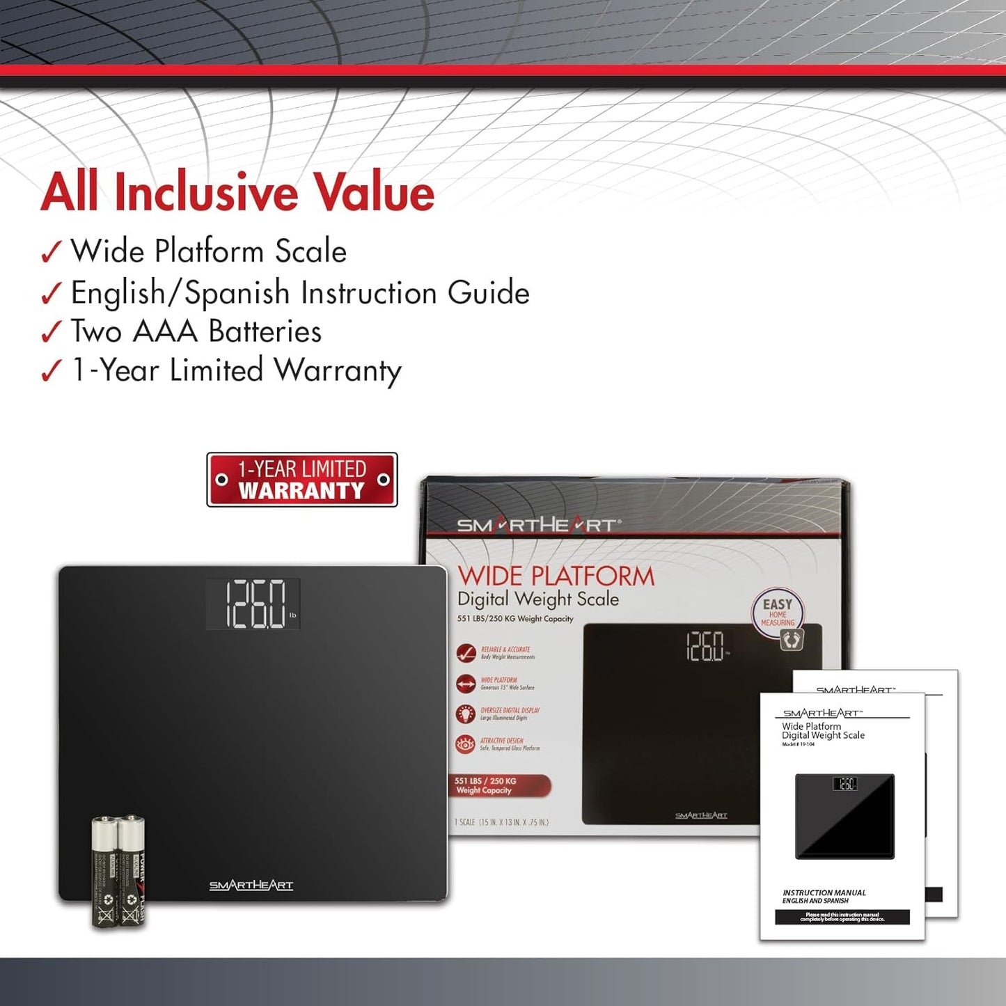 Black wide platform digital scale with box, instruction manual, and AAA batteries included