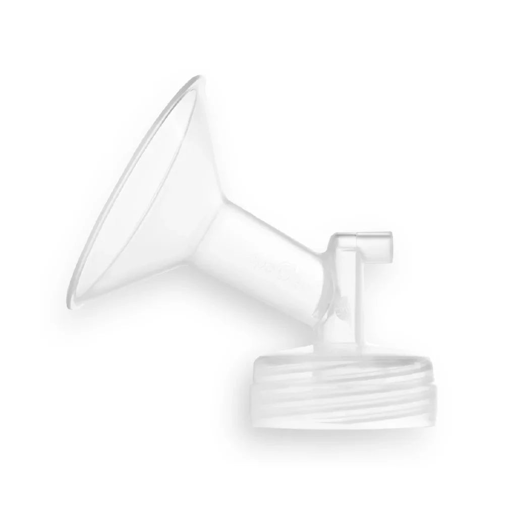 Wide-neck breast flange with connector cap, white silicone, angled view