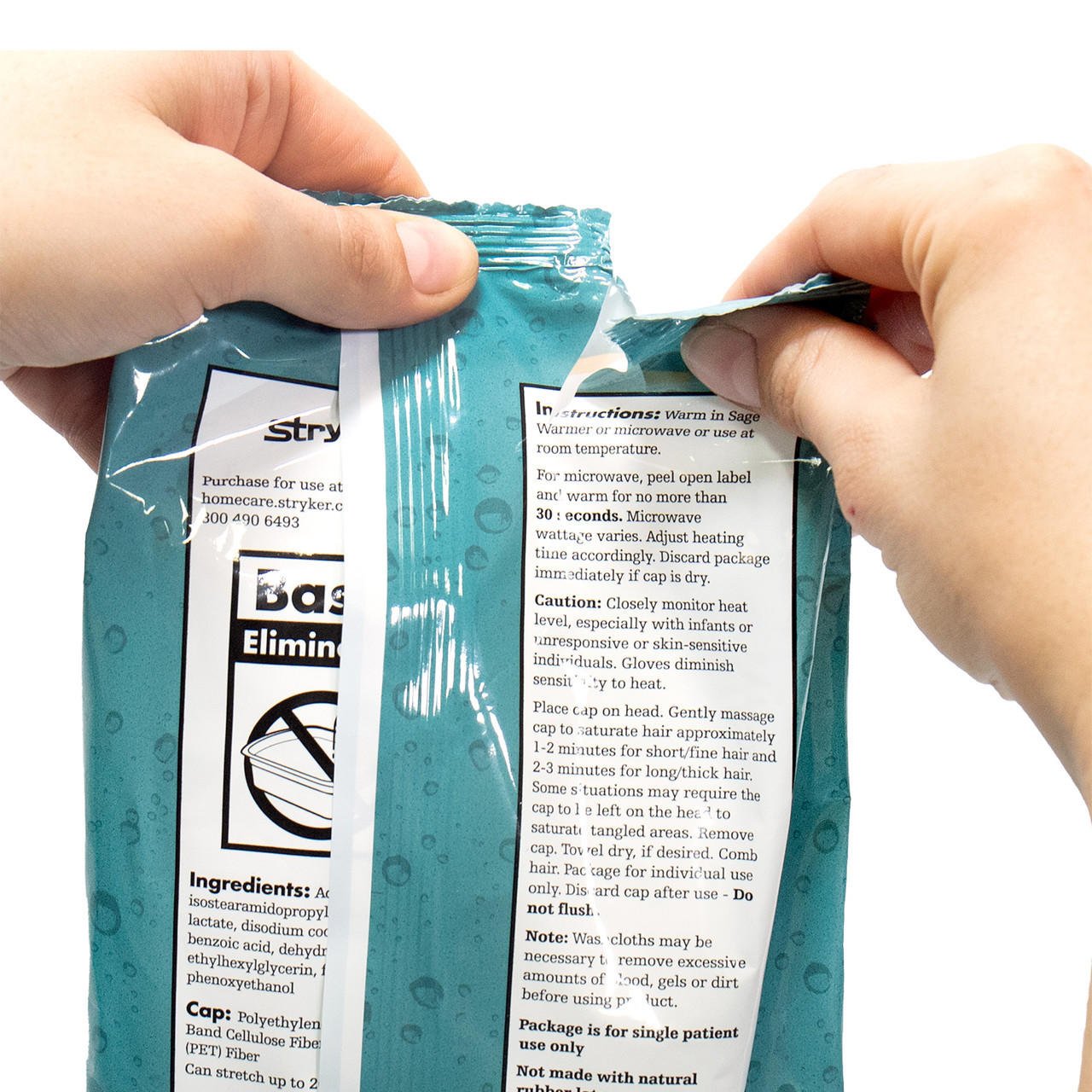 Sage rinse-free shampoo cap package showing instructions and caution text