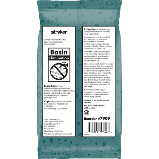 Back of Stryker Sage rinse-free shampoo cap packaging with basin elimination and reorder info