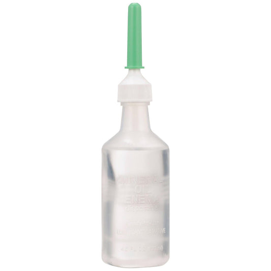Mineral oil enema bottle with green applicator tip and white dispensing cap