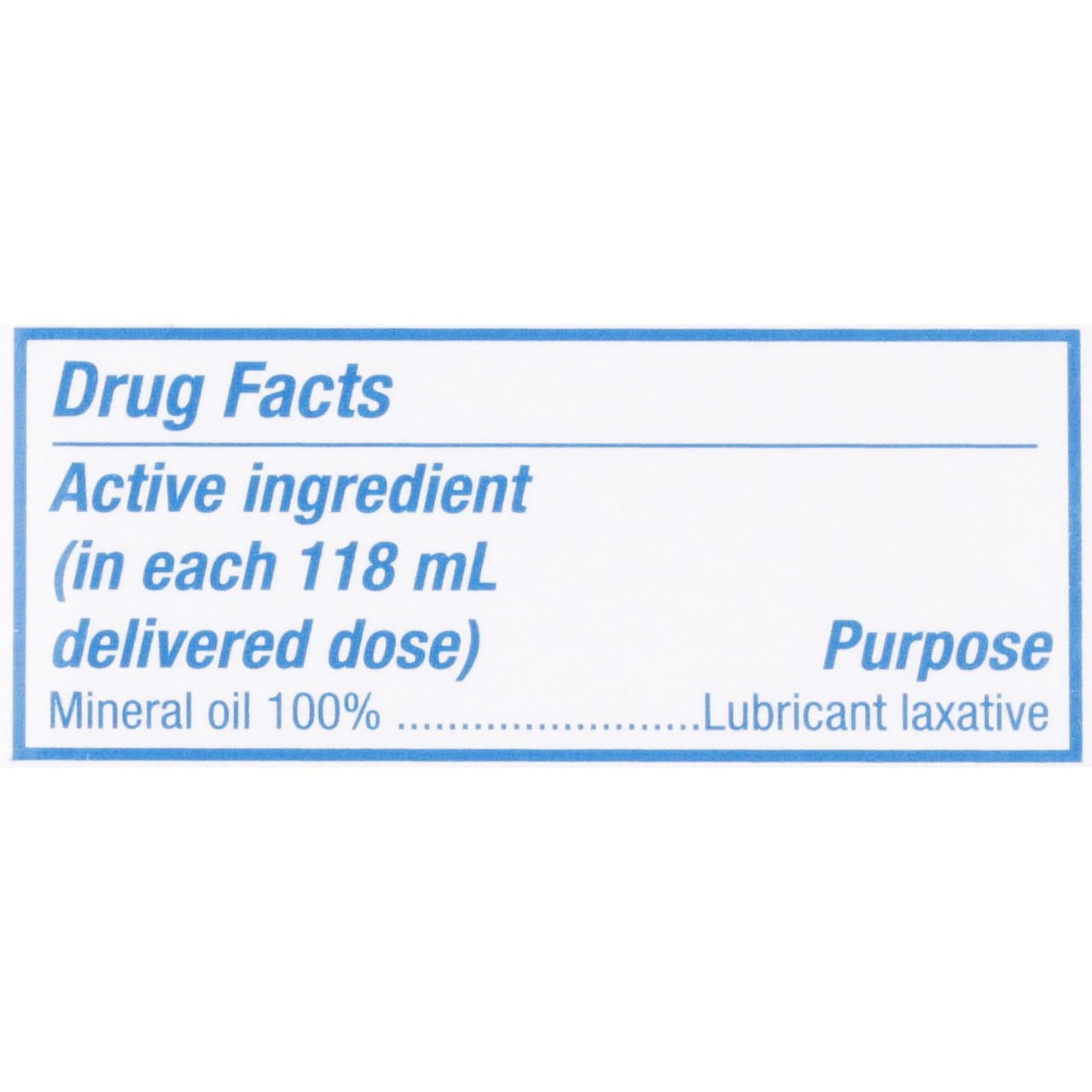 Drug Facts close-up: active ingredient mineral oil 100%, lubricant laxative purpose