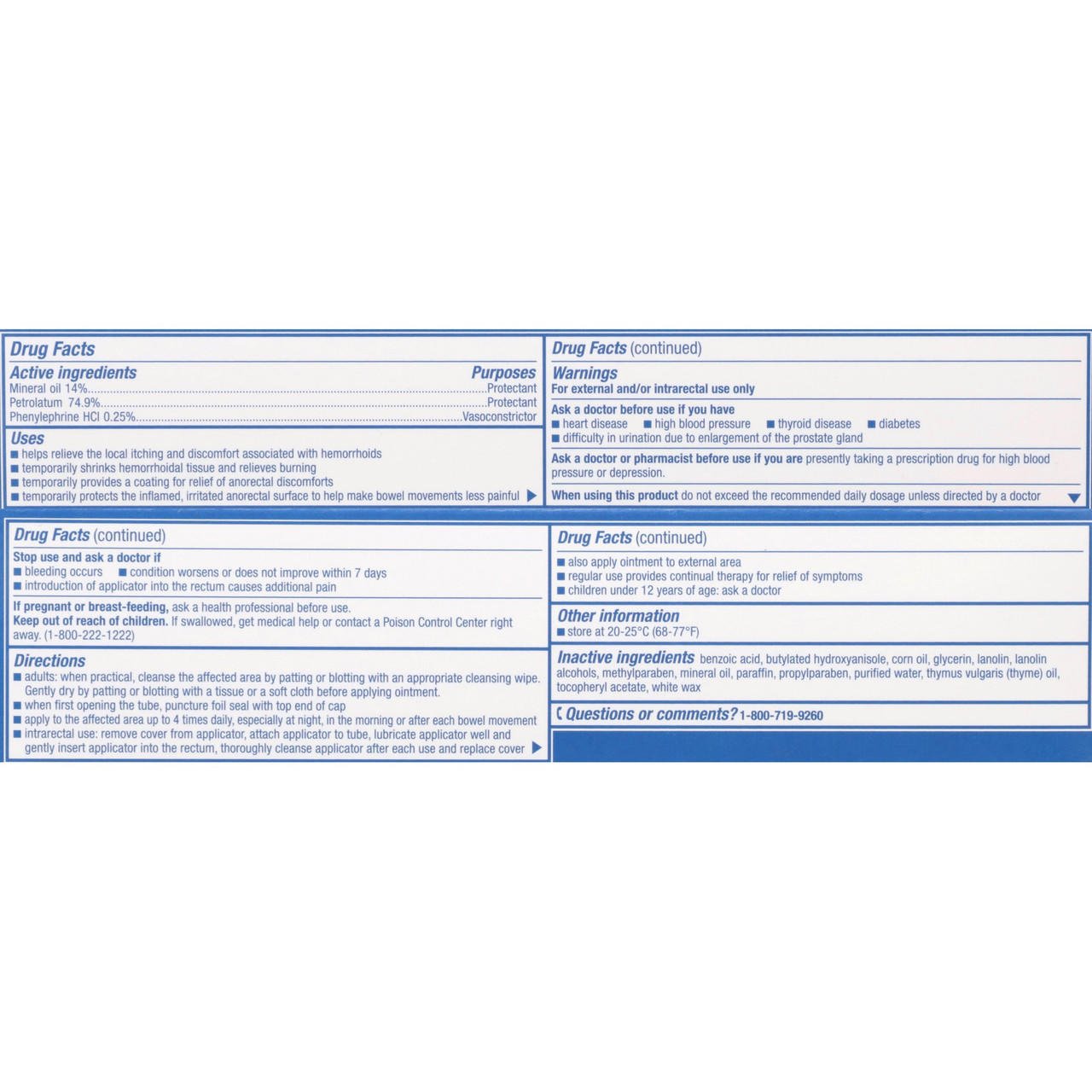 Hemorrhoidal ointment Drug Facts panel showing active ingredients and warnings