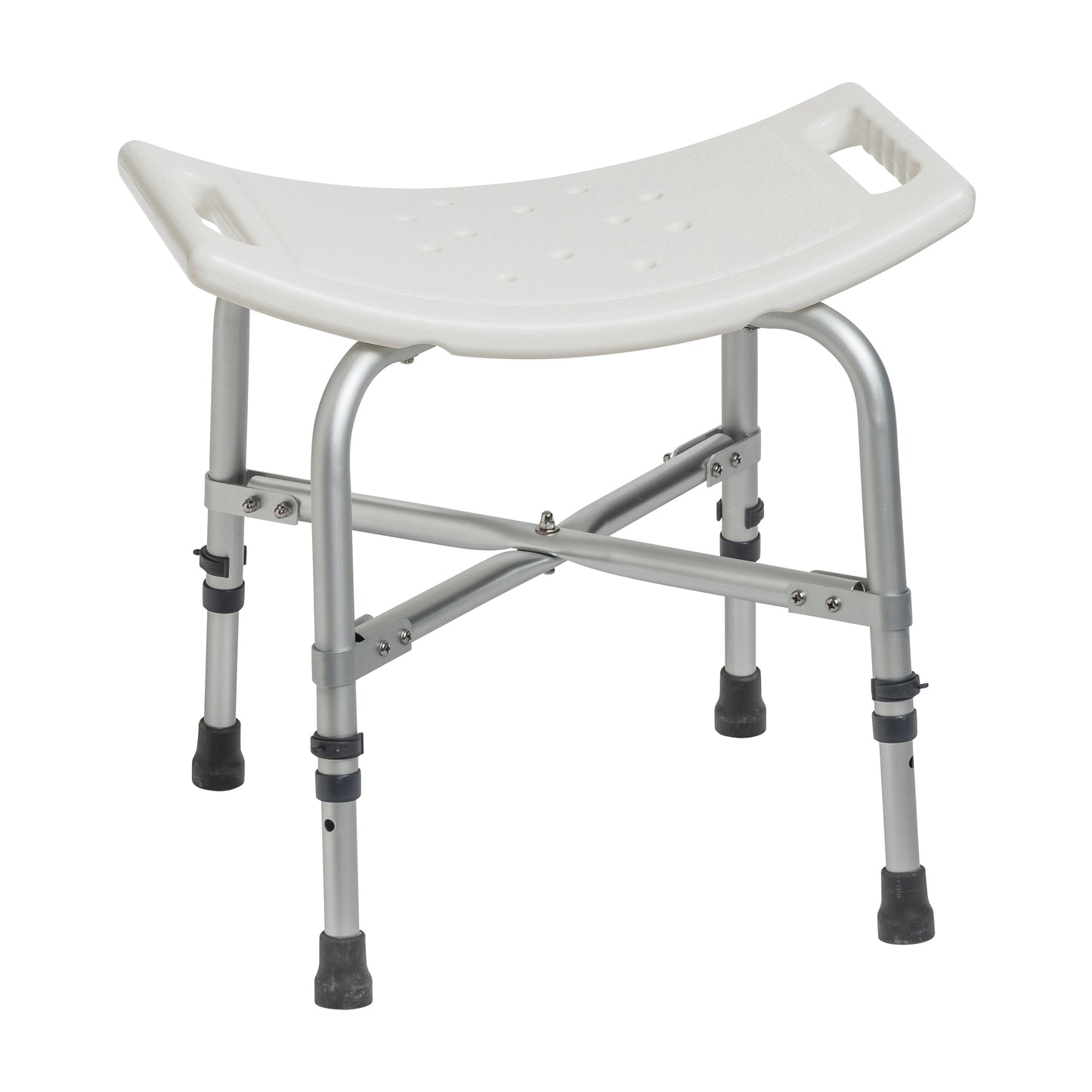 Bariatric heavy duty bath bench with curved white seat and gray adjustable legs