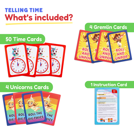 Telling Time card pack showing 50 time cards, 4 unicorn cards, and an instruction card