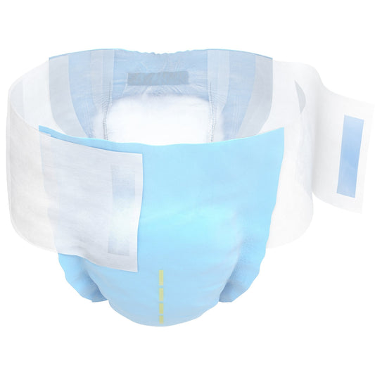 Adult brief Extra L/G, front view with absorbent pad and elastic leg cuffs