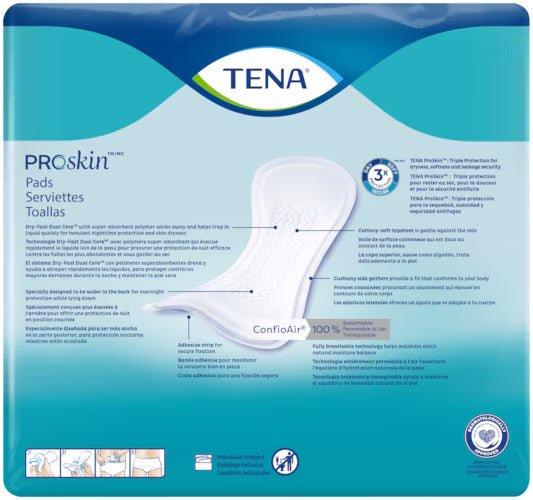 TENA Proskin overnight pads, pack of 28; white contoured pad shown on package