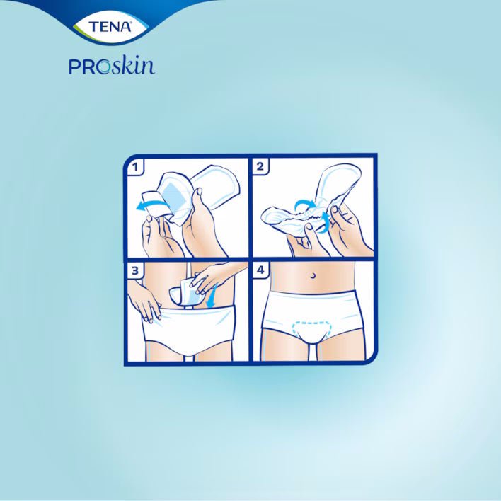 Steps showing how to wear incontinence pads, with white PROskin Ultimate pad