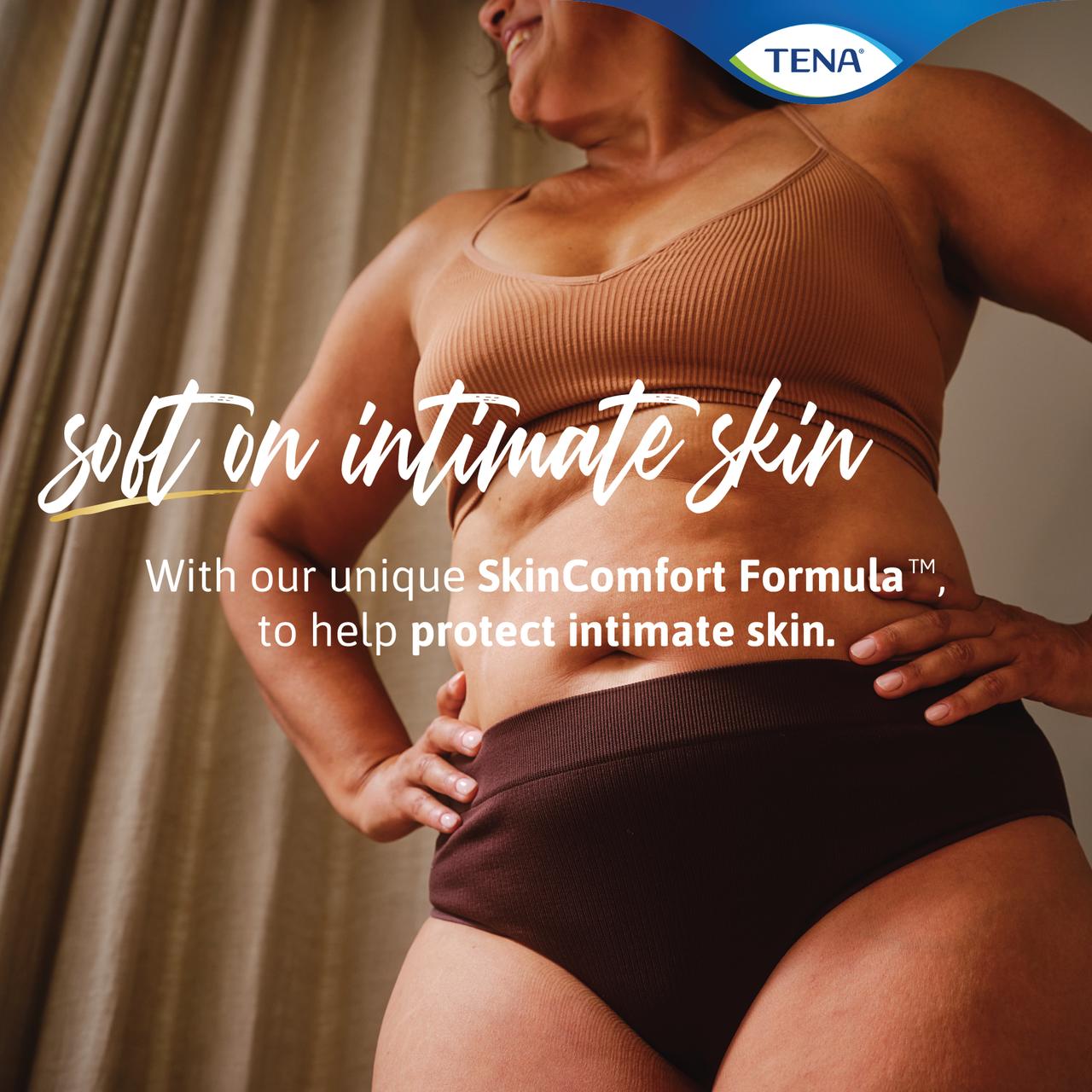 Woman wearing underwear with Sensitive Care long pad protection for intimate skin