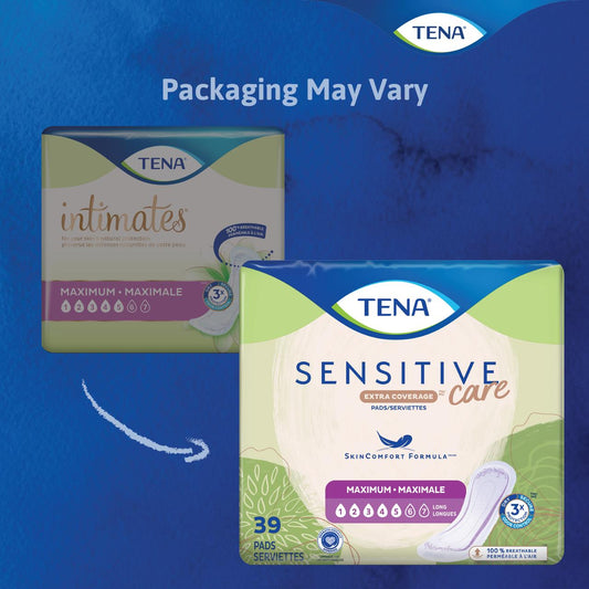 TENA Sensitive Care Maximum Long Pads, pack of 39 pads/serviettes shown on box