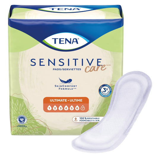 TENA Sensitive Care Ultimate pads/serviettes pack with side pad and absorbency icons