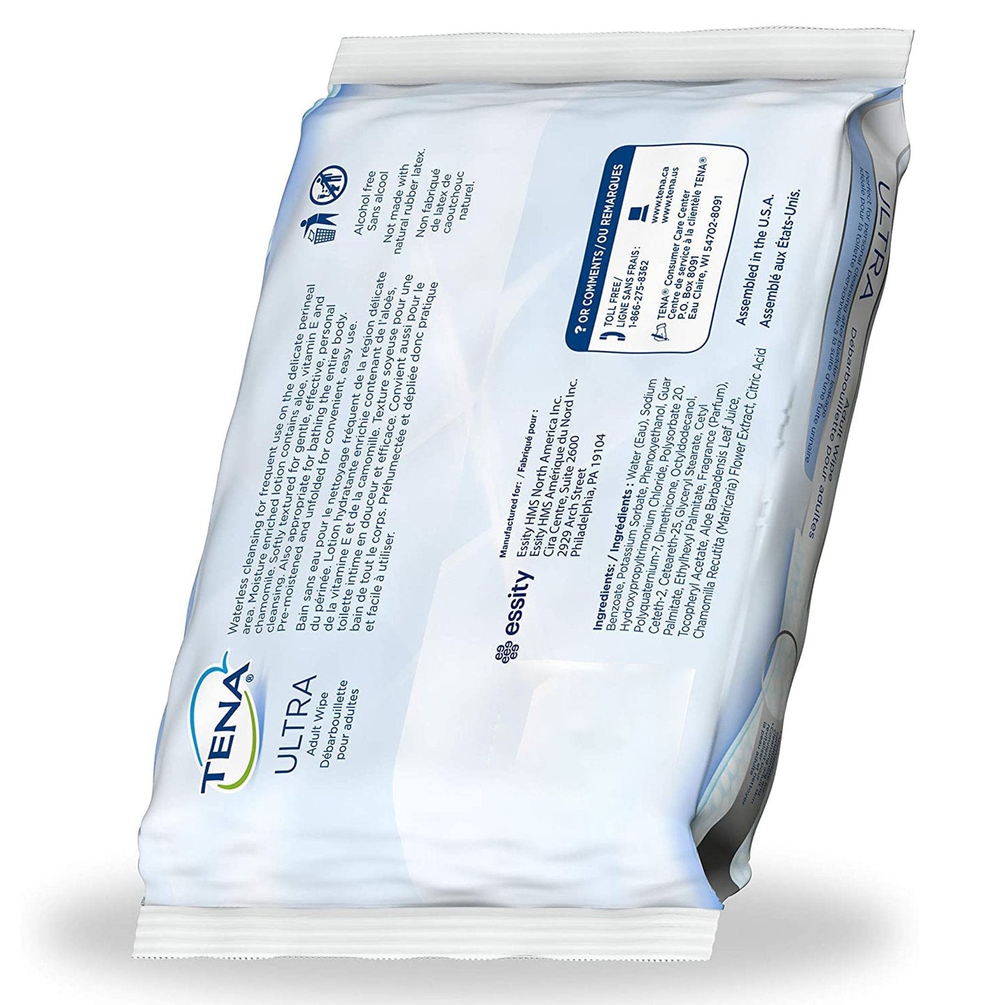TENA UltraFlush washcloths package back with product information and usage text