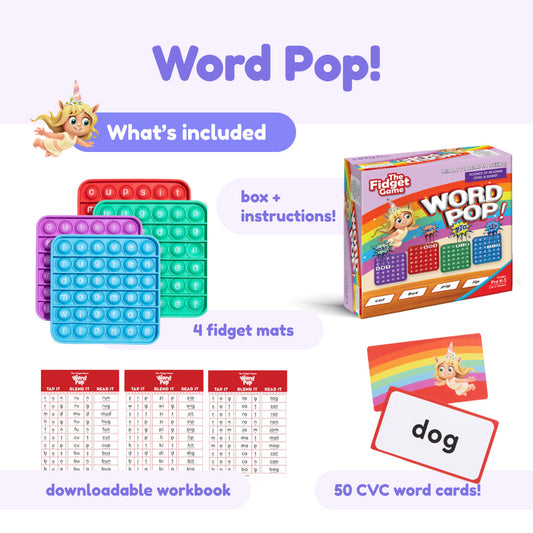 Reading learning bundle includes four fidget pop mats, word card decks, and game box
