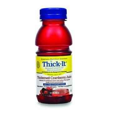 Thickened cranberry juice bottle with blue cap, Thick-It label