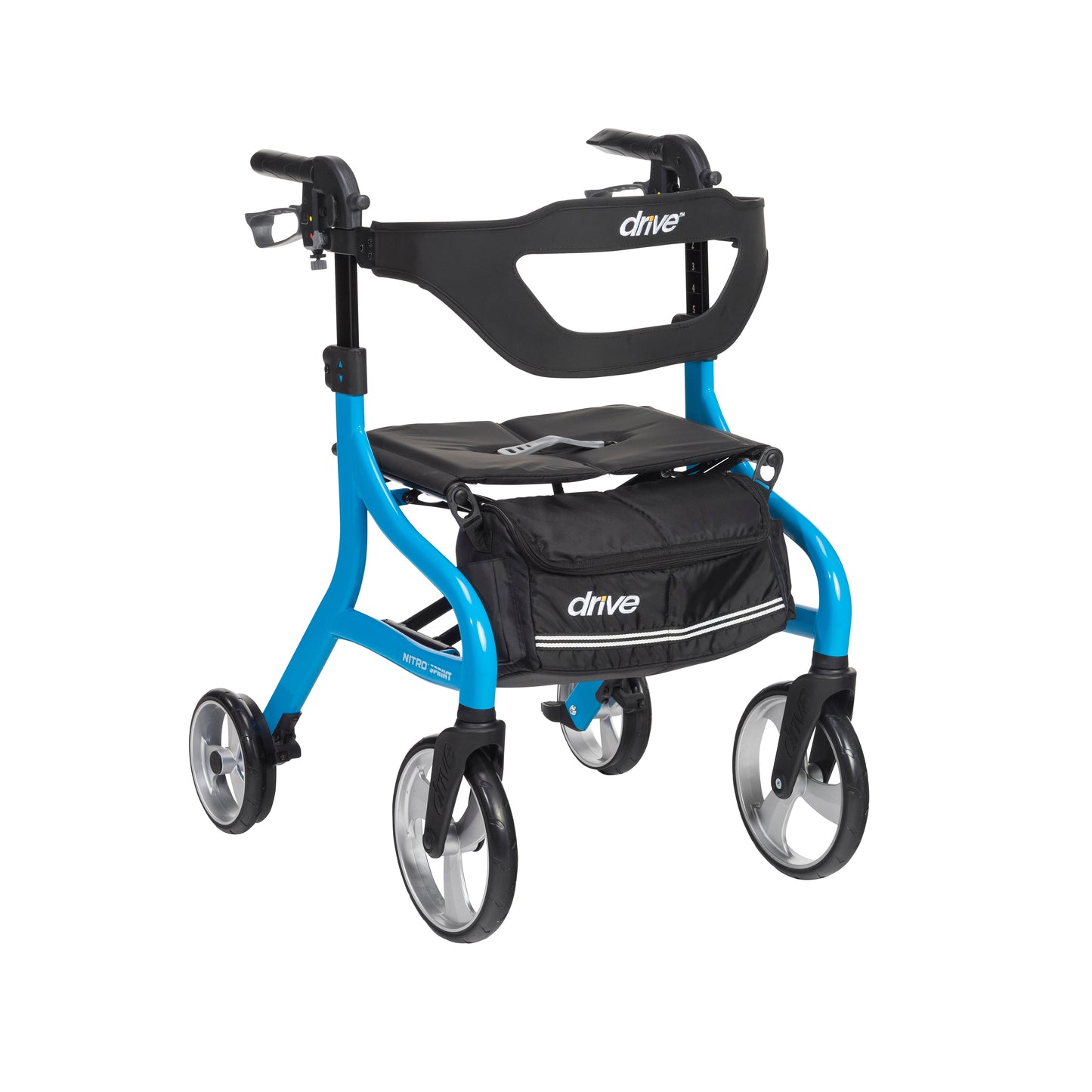 Blue Nitro Sprint rolling walker with black seat, four wheels, and front storage bag.