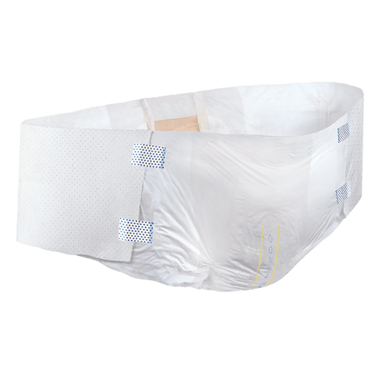 White disposable bariatric brief with blue fastening pads and high-rise waistband