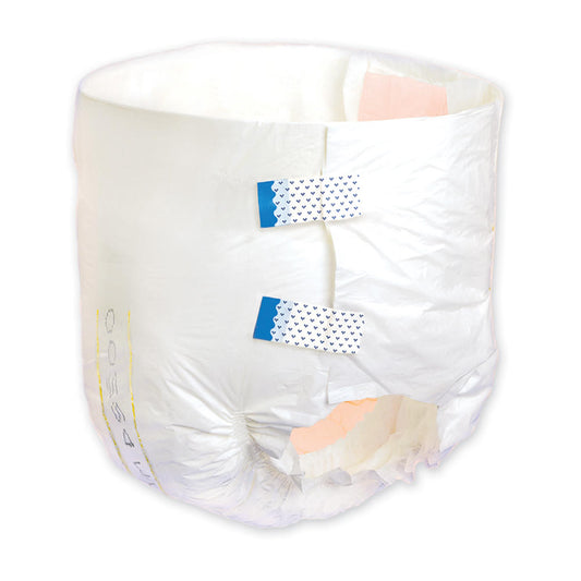 White disposable adult brief with blue fastening tabs, folded for display