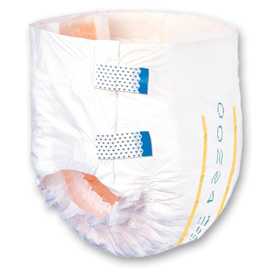 White disposable adult briefs with blue fastening tabs and absorbent core