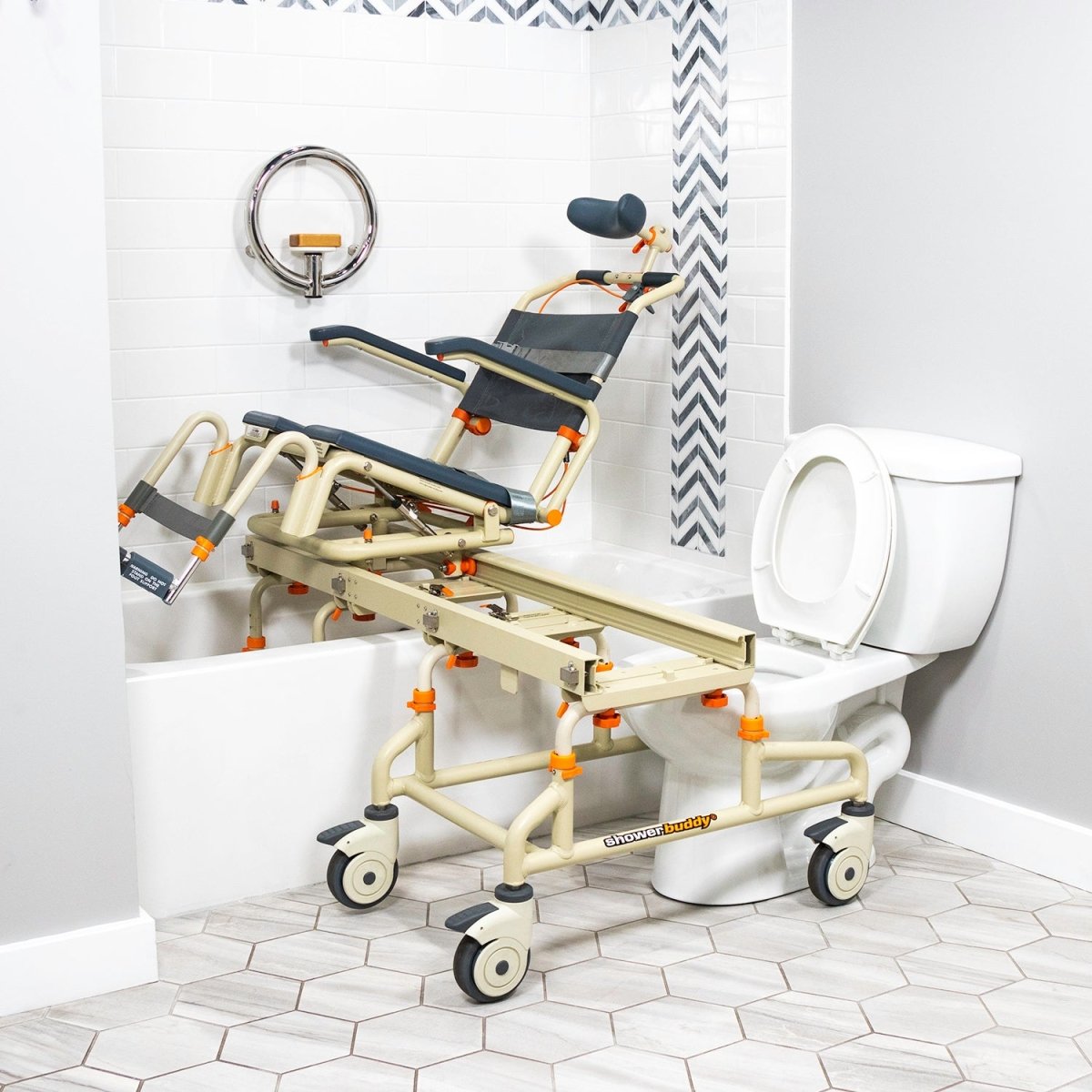 Over-the-bath shower chair with blue seat, armrests, and caster wheels for mobility