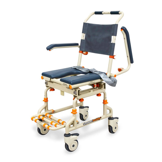 Portable shower chair over the bath, dark blue padded seat and back with side armrests
